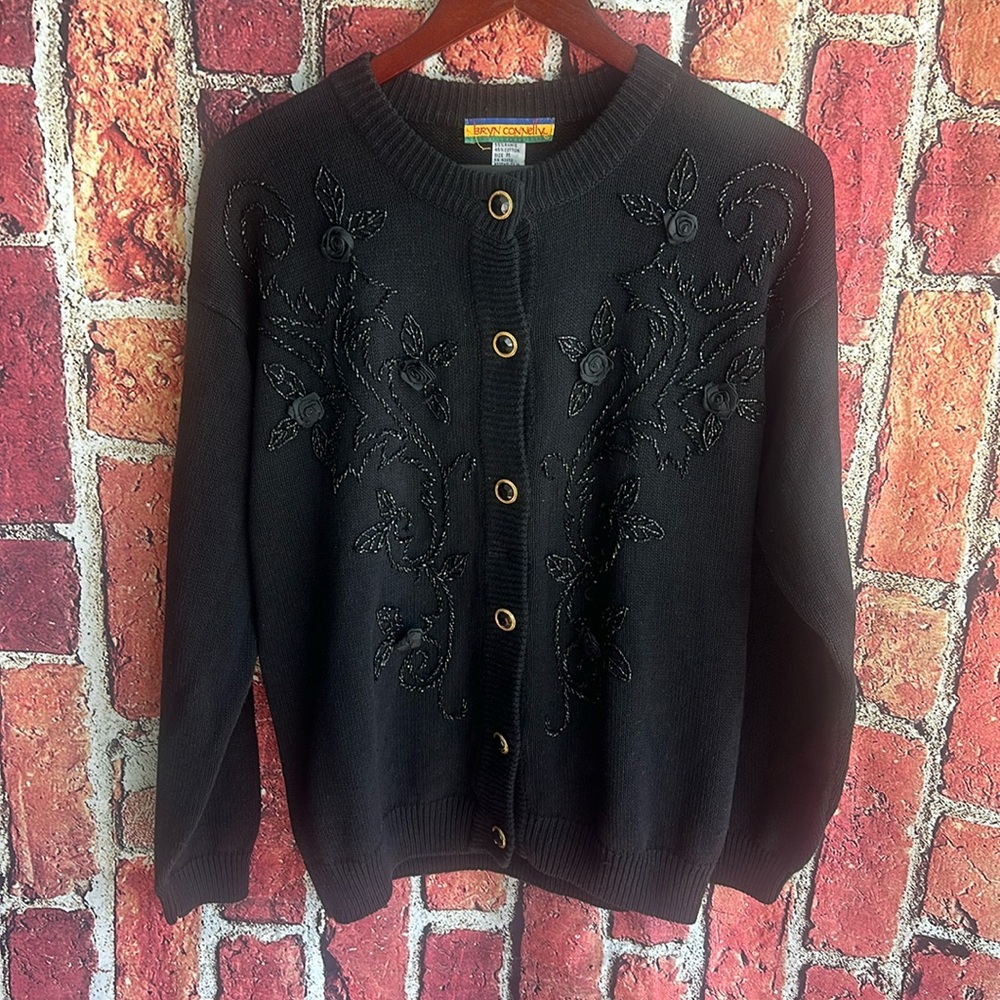 Vintage 1970’s Bryan Connelly Cardigan Sweater Womens M Black Beaded